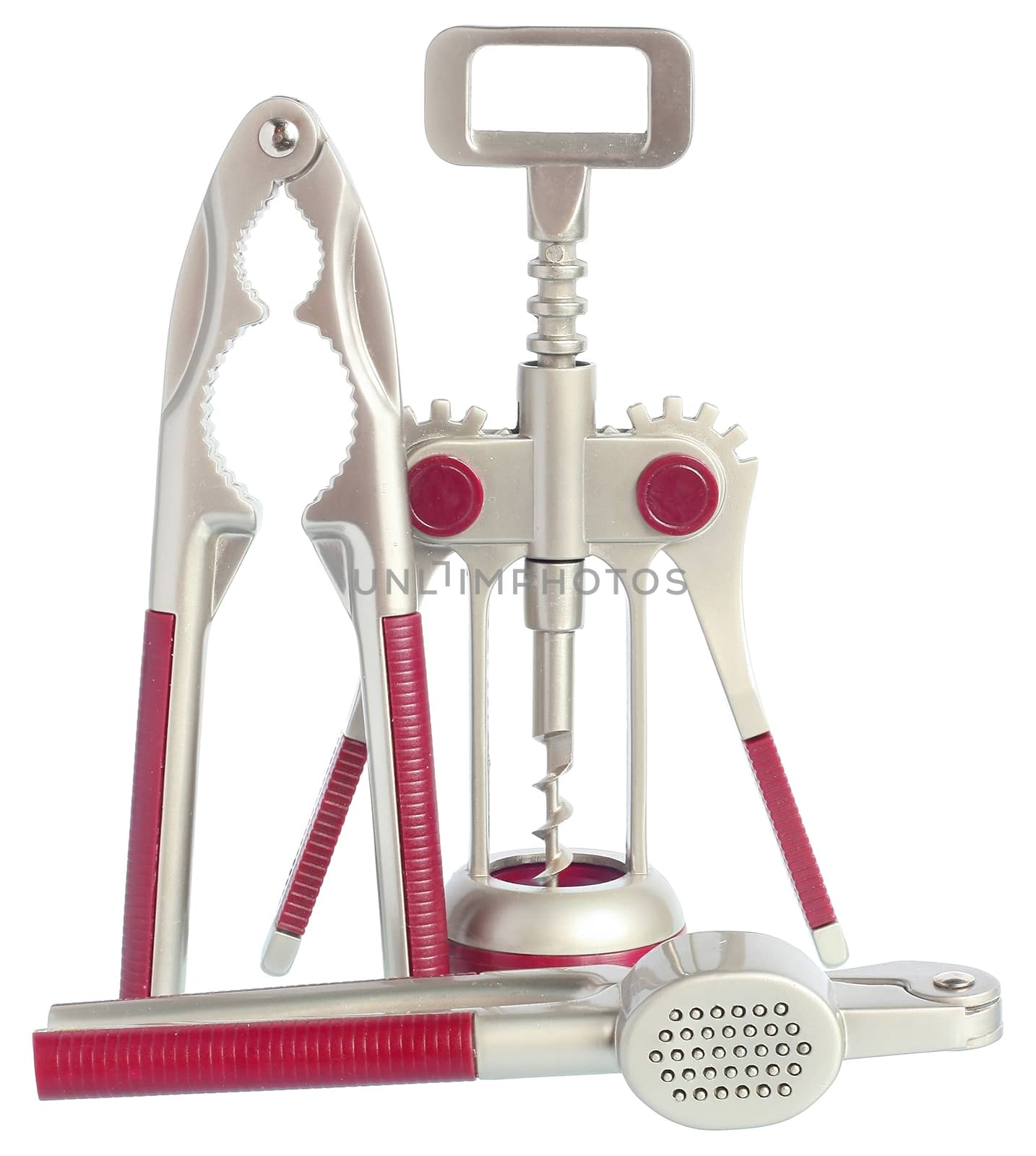 A set of kitchen utensils on white background.
