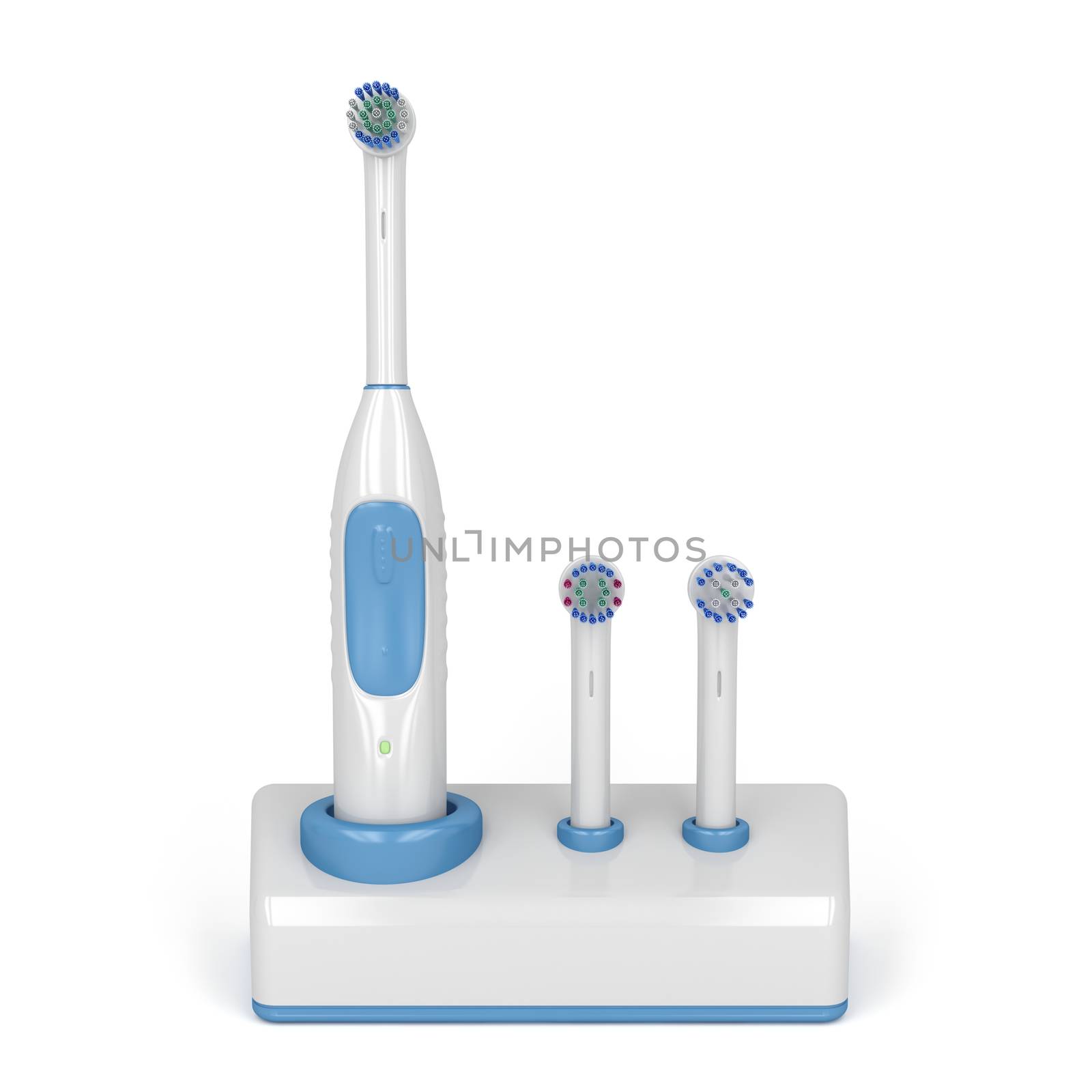 Electric toothbrush on stand with two spare brushes