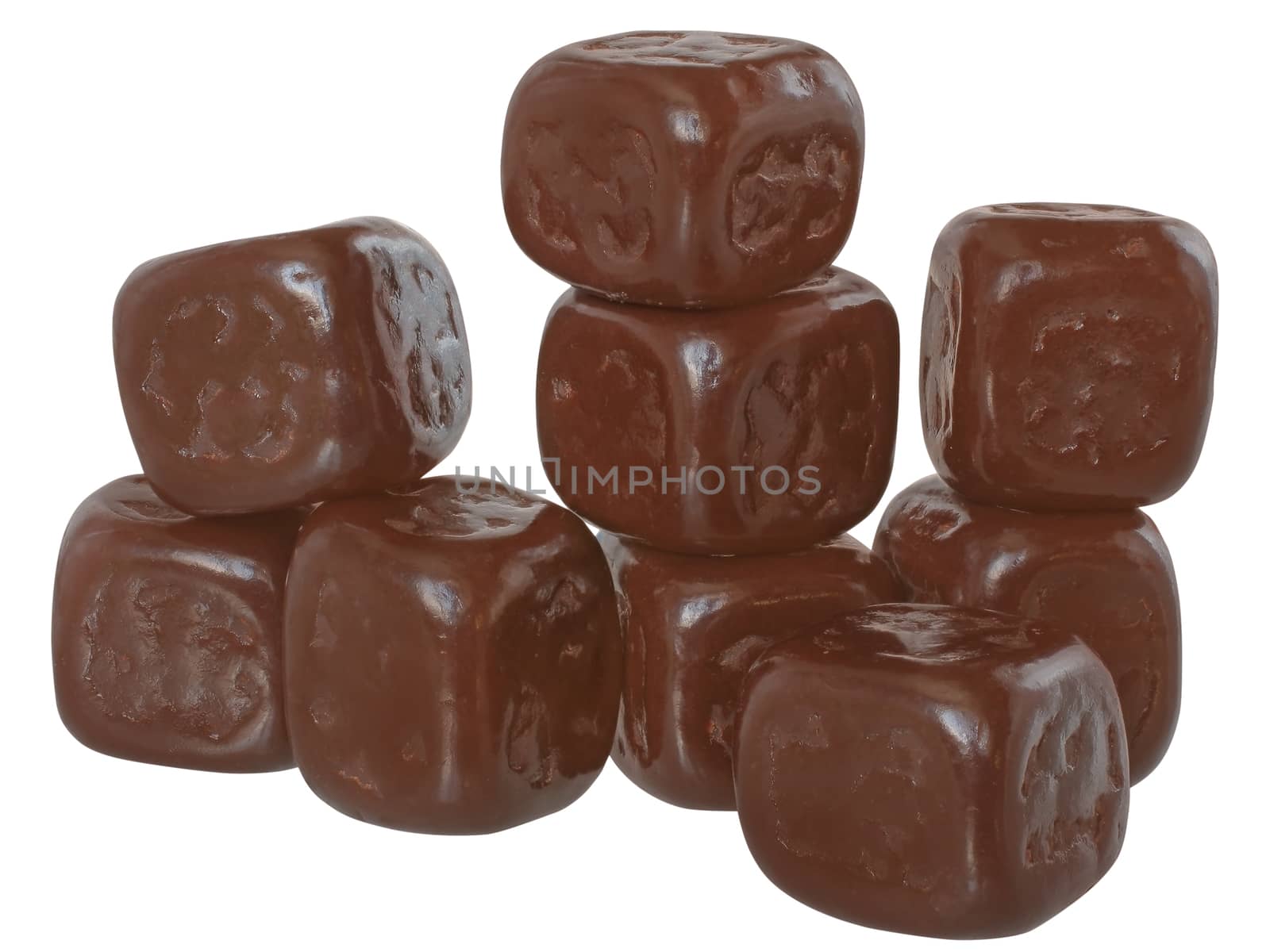 Cubes of chocolate close up isolated on white background.