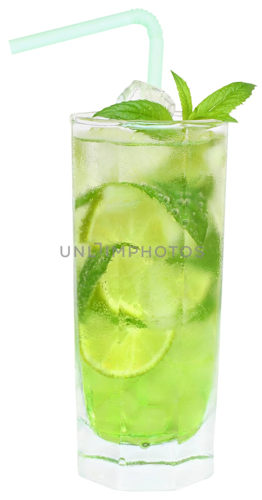 Cocktail with ice cubes on white background.