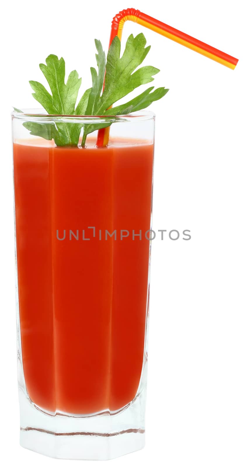 Glass of tomato juice on a white background.