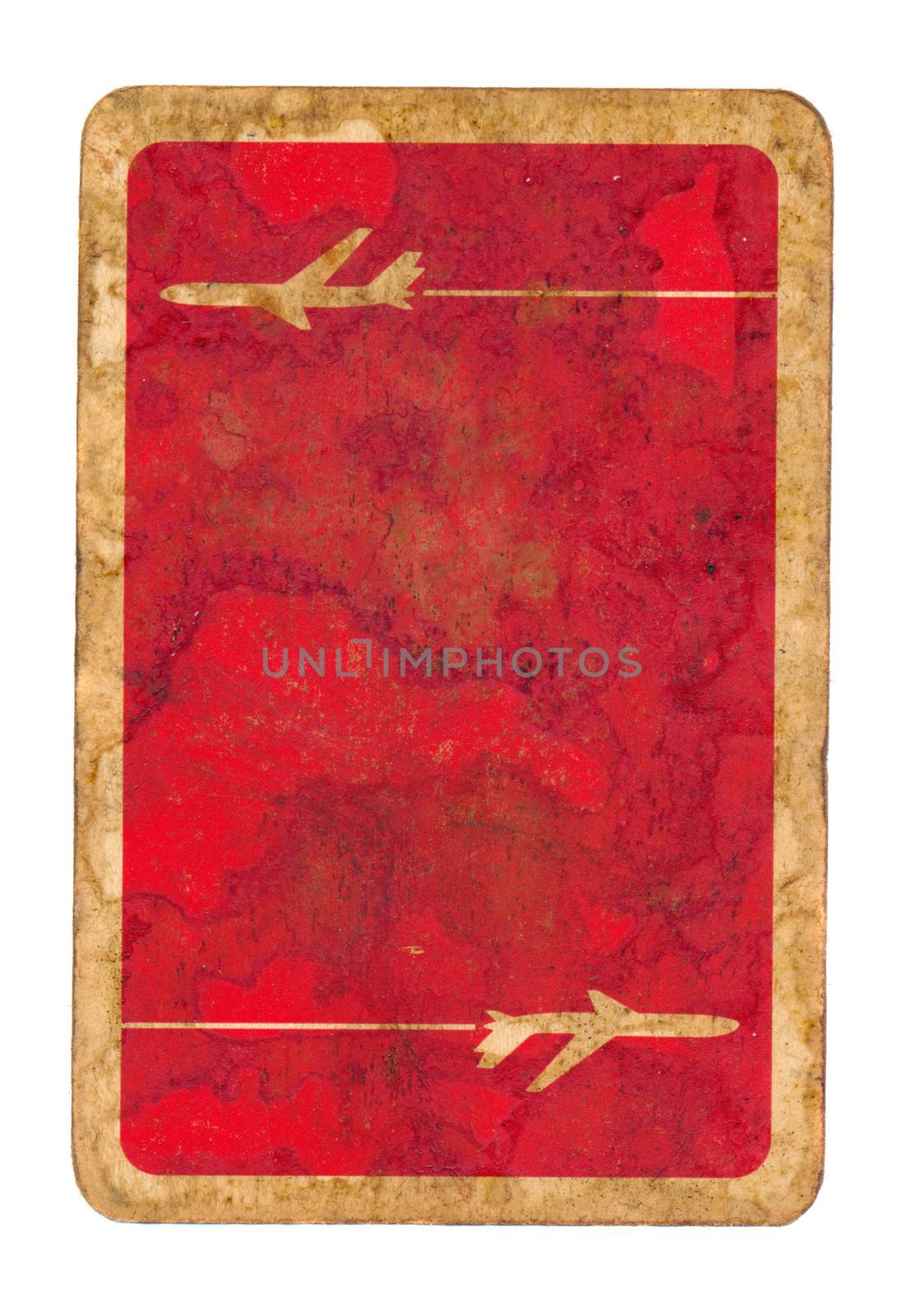 old dirty used playing card red paper cover background with aircraft sign
