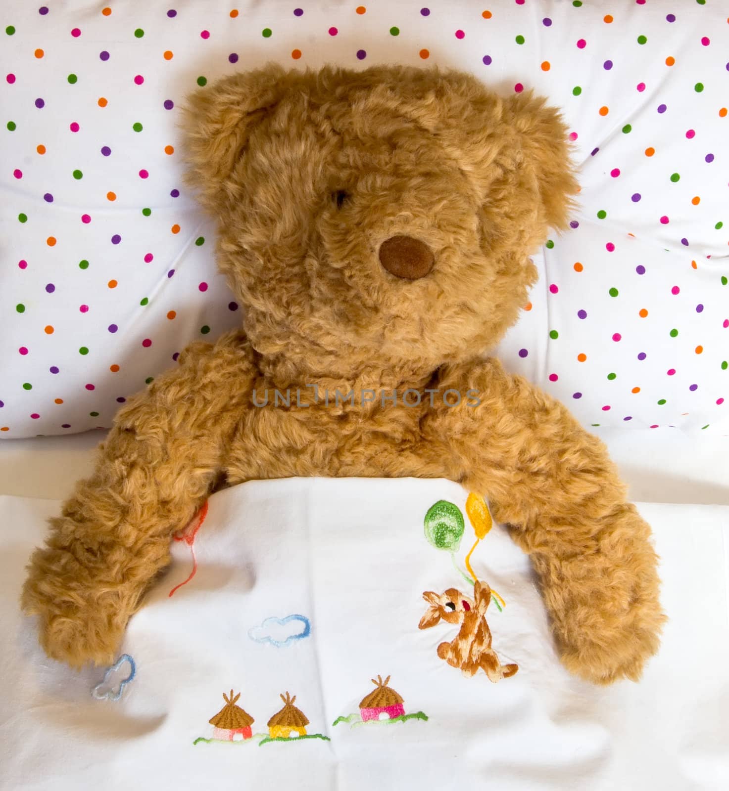 teddy bear in bed