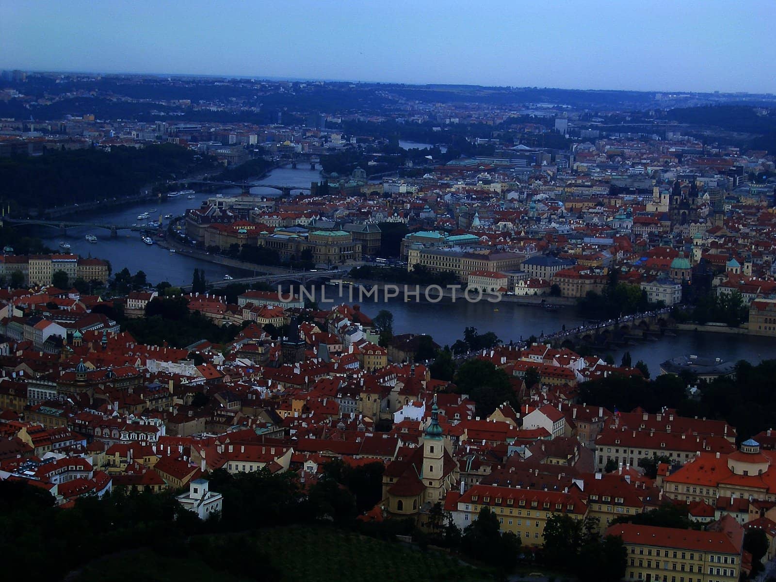 Panoramic view of Prague and city bridges, Czech Republic