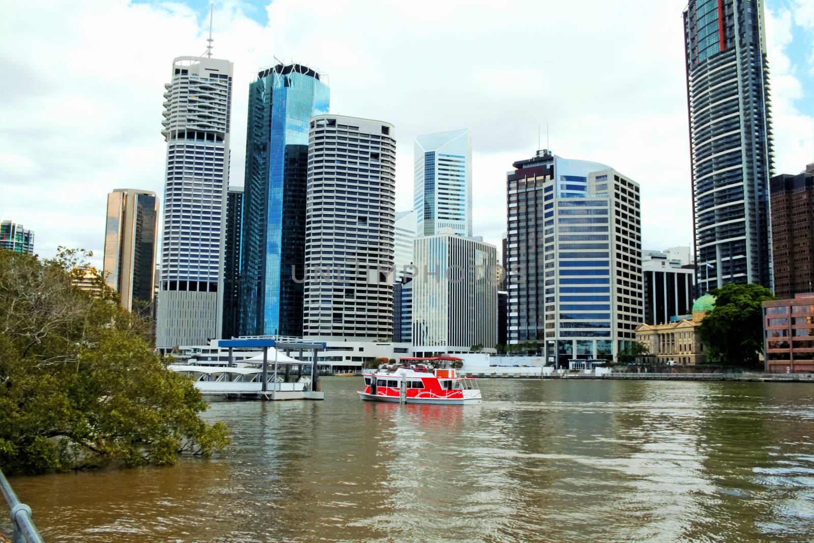 Riverside Brisbane Australia seen from the Holman Street ferry side of the Brisbane River.