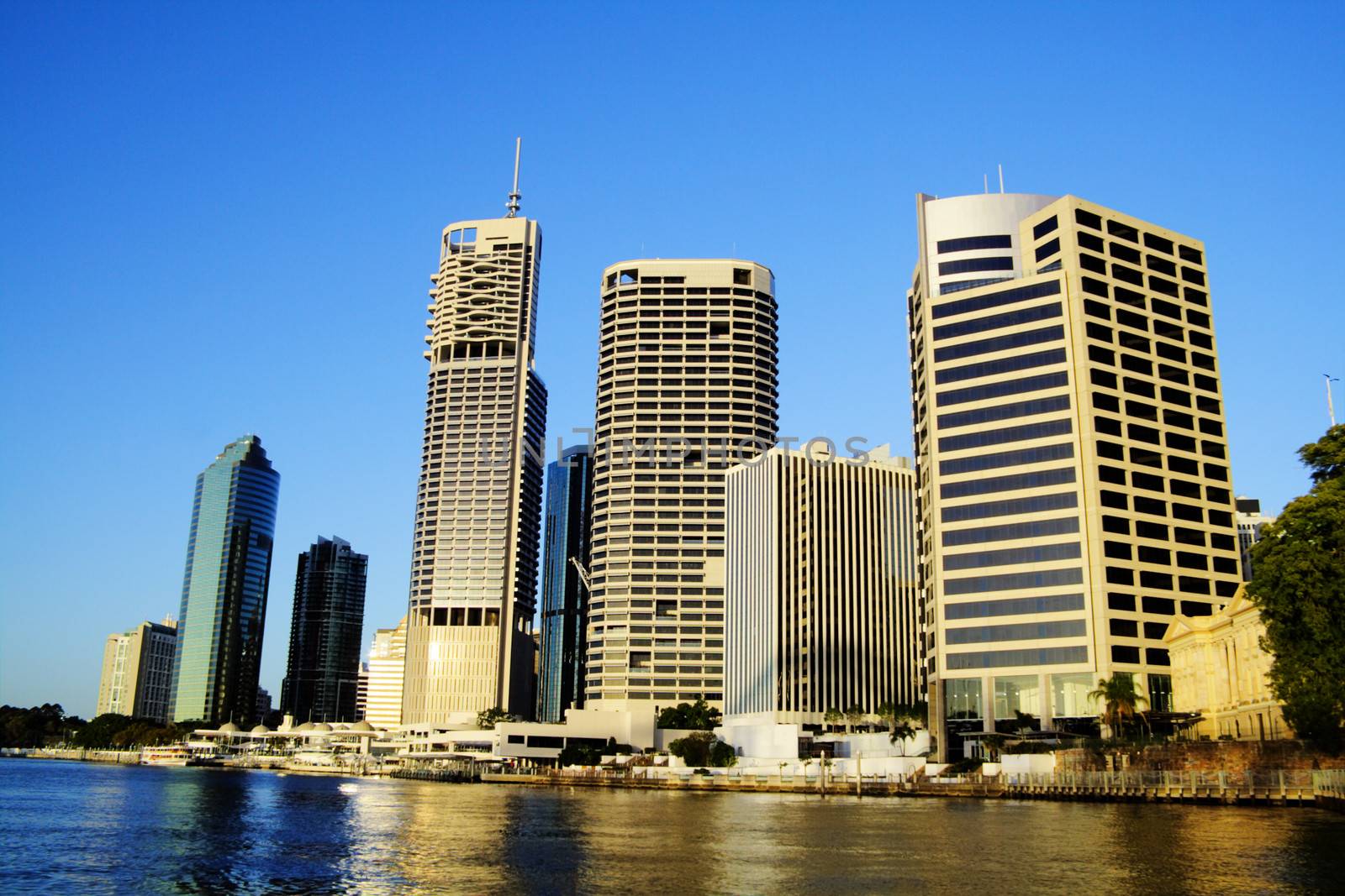 View of Brisbane city skyline approaching Riverside from the Brisbane River.