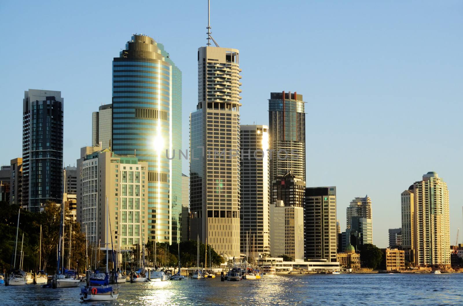 Skyline of Brisbane city CBD in Australia seen from the Brisbane River.