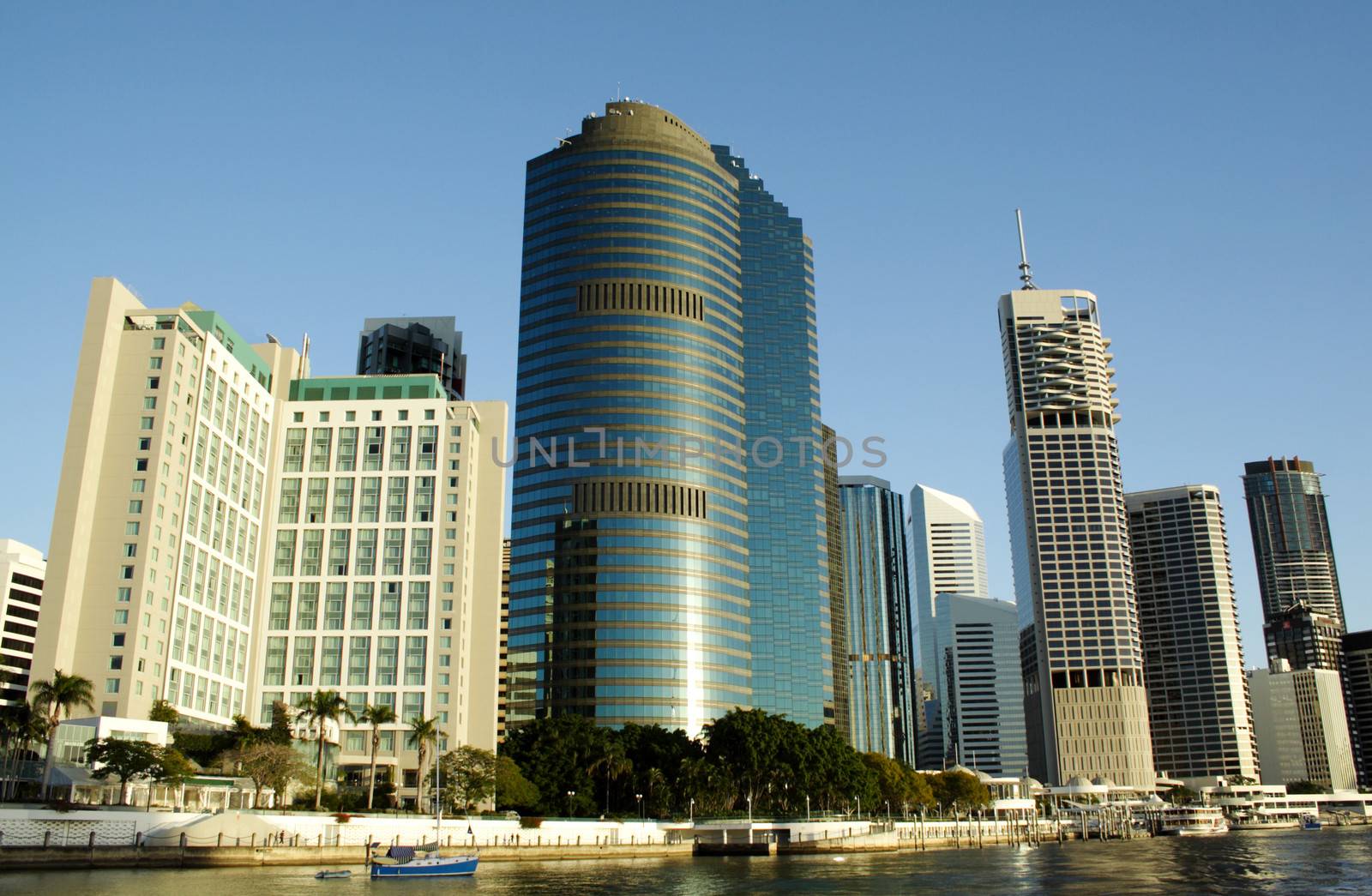 Skyline of Brisbane CBD Australia seen from the Brisbane River.