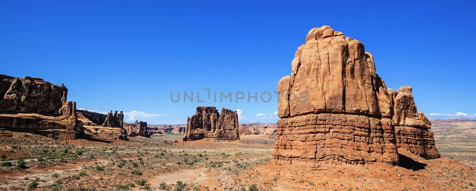 Panoramic view of famous Red Rock formations, located in Arches National Park in Moab, Utah 