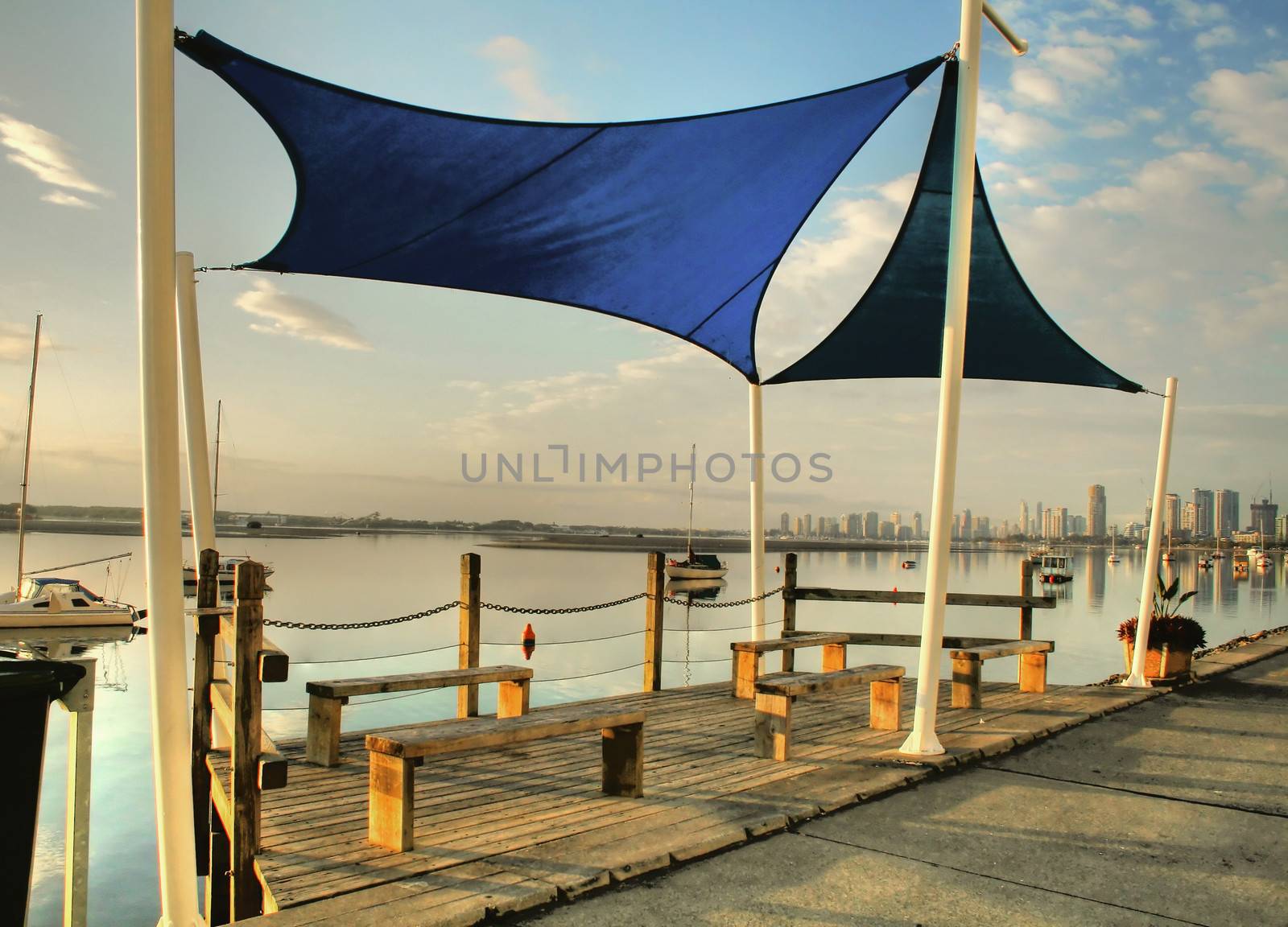 Shade sails over benches by the Broadwater on the Gold Coast Australia.