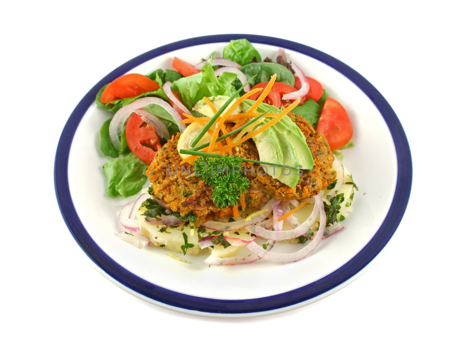 Carrot And tuna patties on a herbed potato stack with salad.