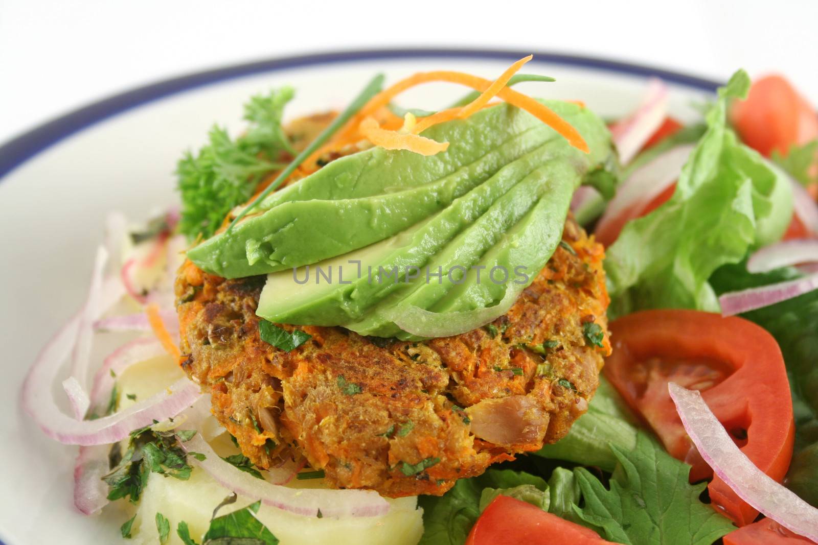 Carrot And tuna patties on a herbed potato stack with salad.