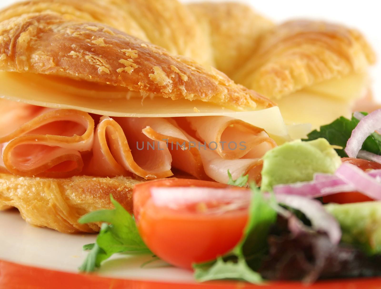 Delicious ham and cheddar cheese croissant with salad.