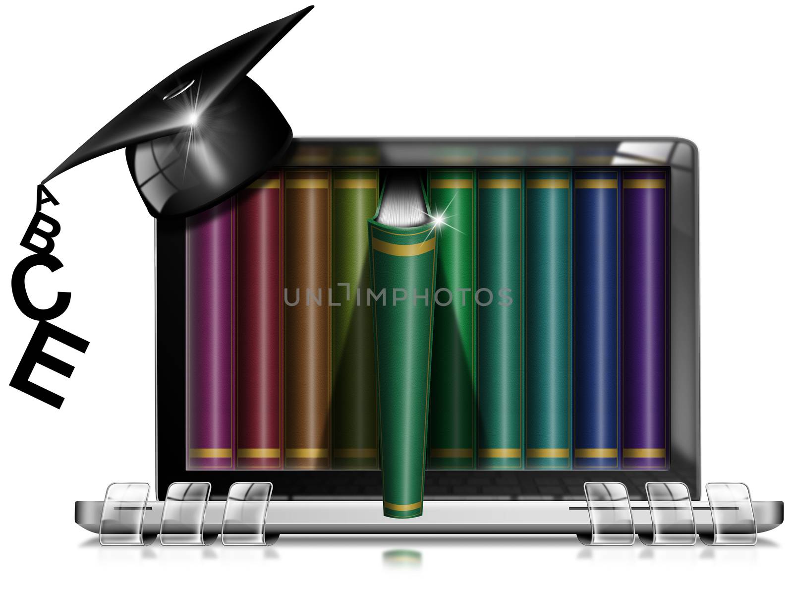 Laptop computer with library and graduation hat on white background