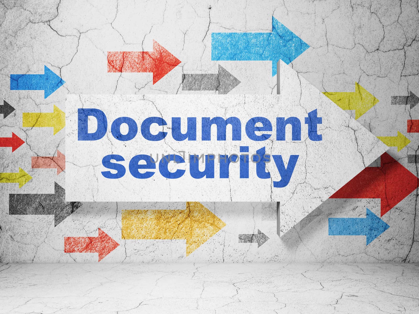 Security concept:  arrow whis Document Security on grunge textured concrete wall background, 3d render