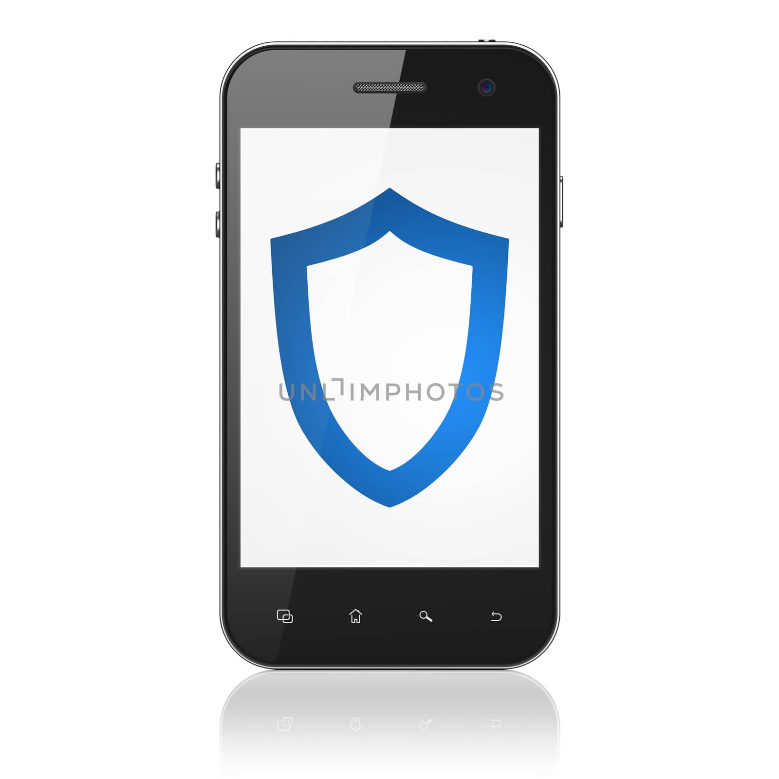 Protection concept: smartphone with Contoured Shield icon on display. Mobile smart phone on White background, cell phone 3d render