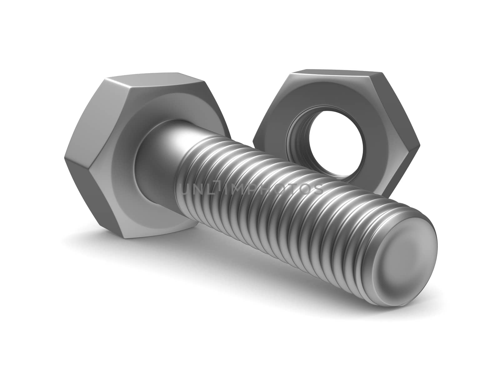 Bolt and nut on white background. Isolated 3D image