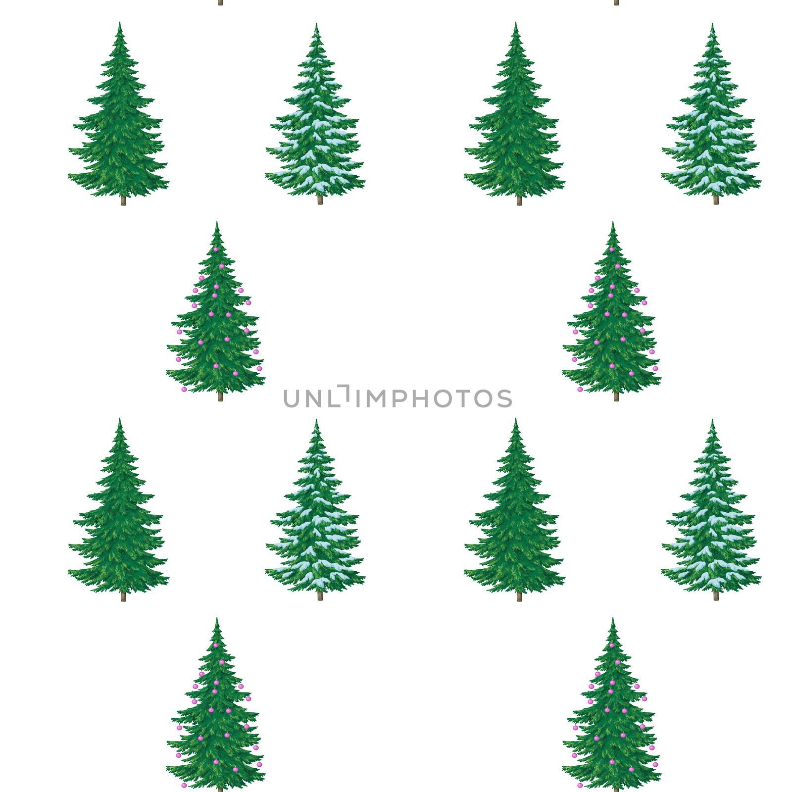 Christmas decoration, painting, hand-draw fir trees. Seamless pattern, isolated on white background