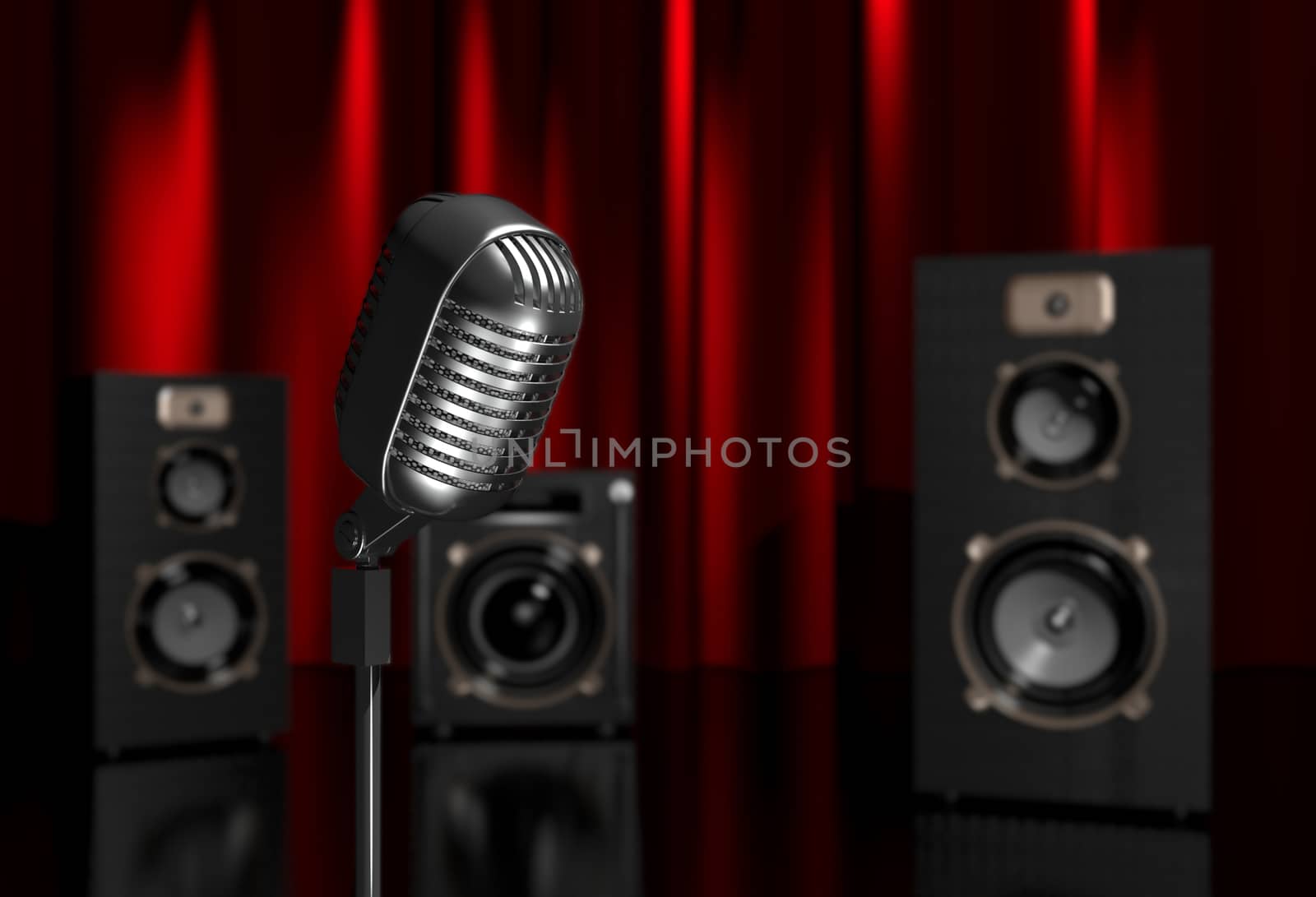 3d illustration of a microphone and speakers on scene