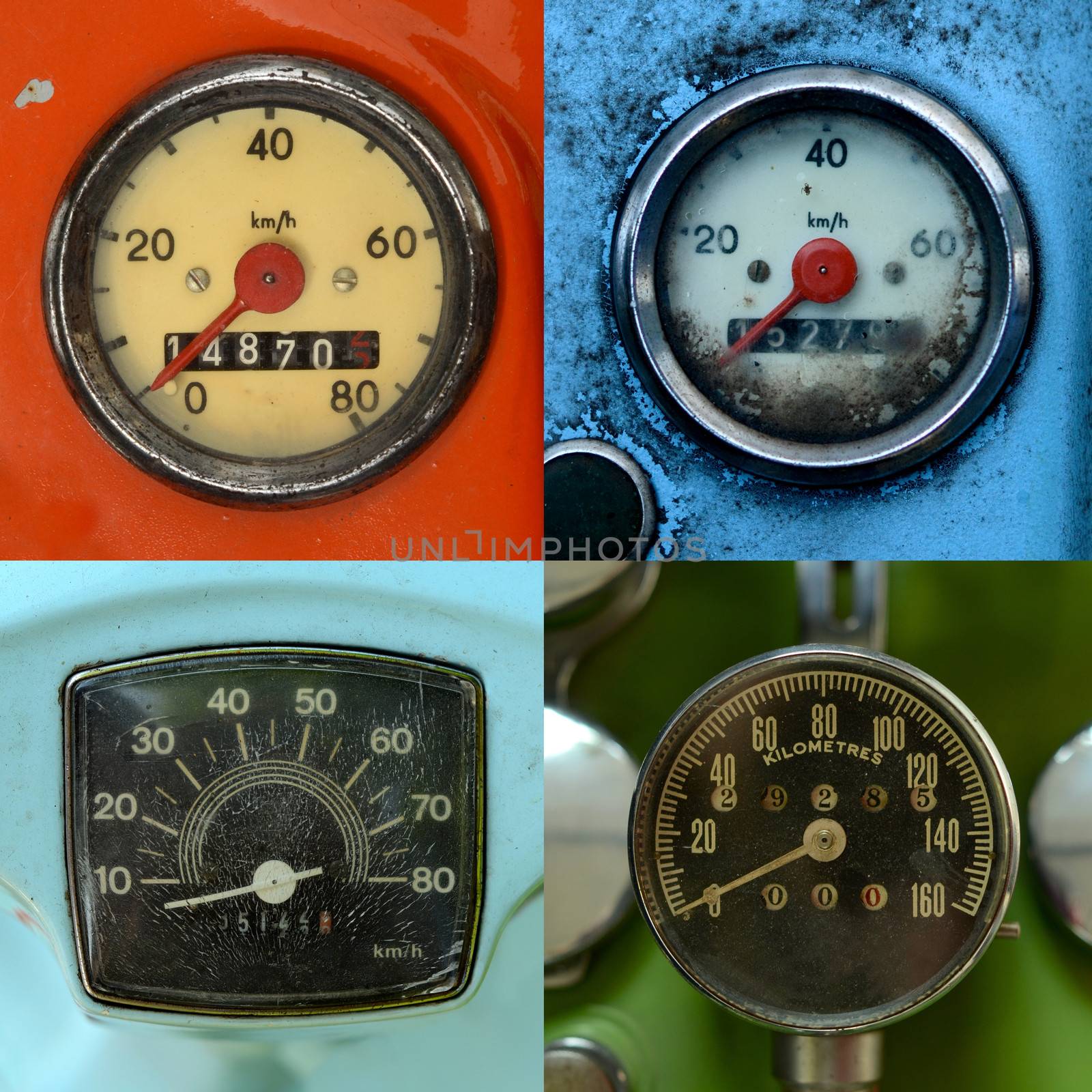 A Set Of Four Grungy, Vintage Odometers