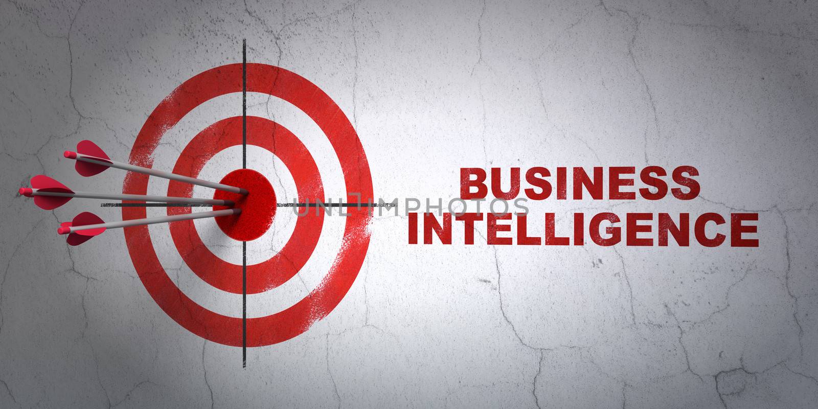 Success finance concept: arrows hitting the center of target, Red Business Intelligence on wall background, 3d render