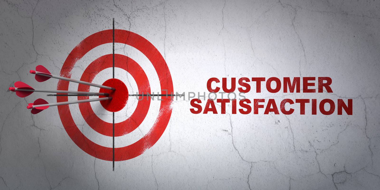 Success marketing concept: arrows hitting the center of target, Red Customer Satisfaction on wall background, 3d render
