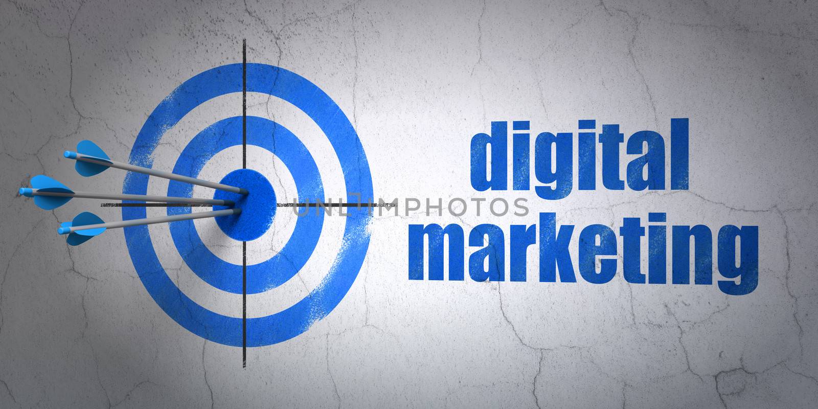 Success marketing concept: arrows hitting the center of target, Blue Digital Marketing on wall background, 3d render