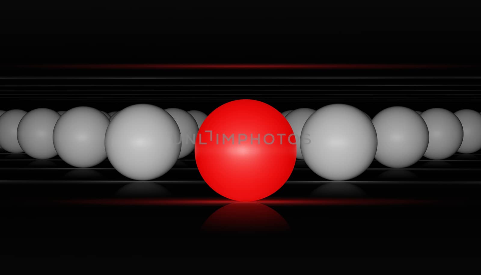 Red ball and white balls. 3d render on black background