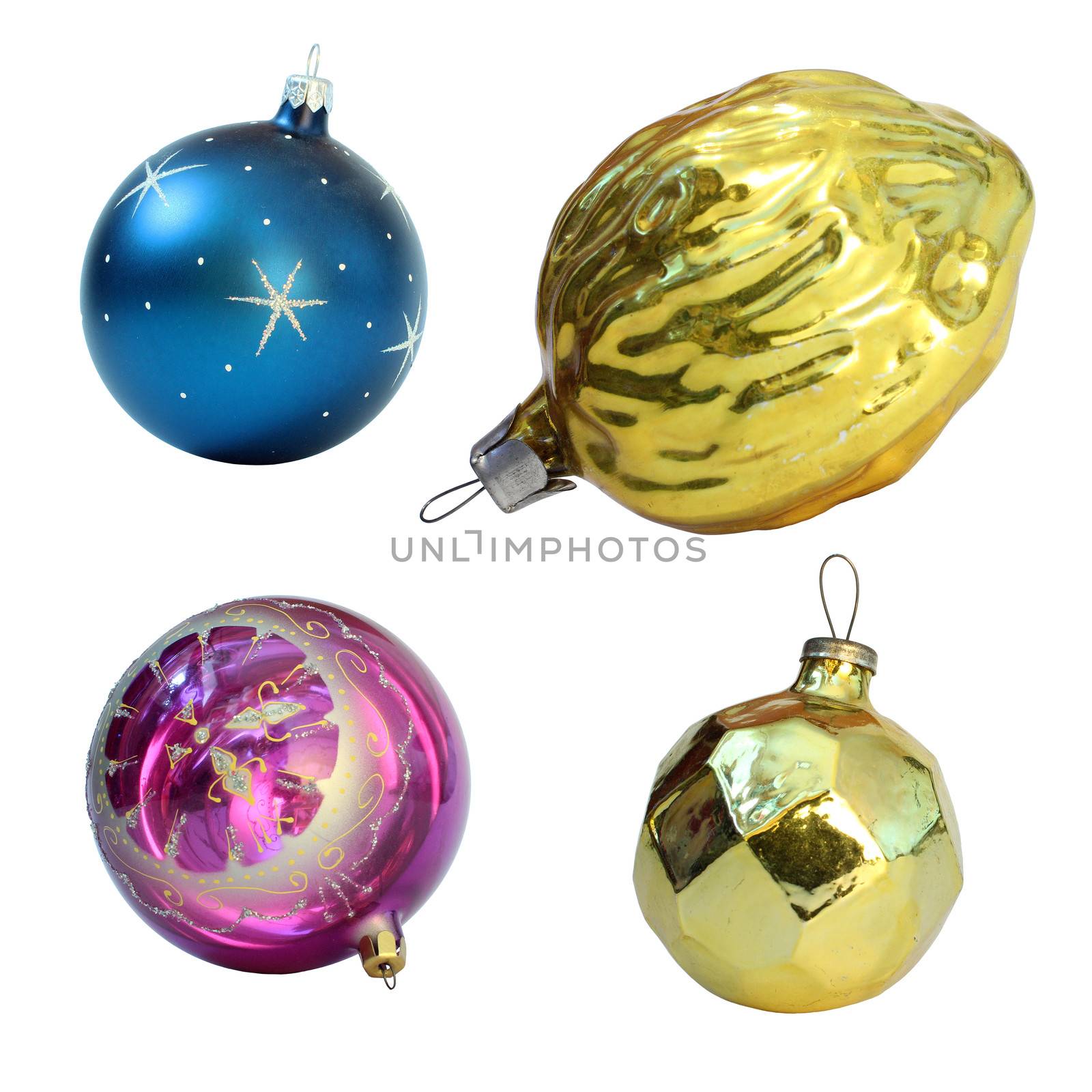 Christmas toys. Isolated on white background. Balls and gold nut