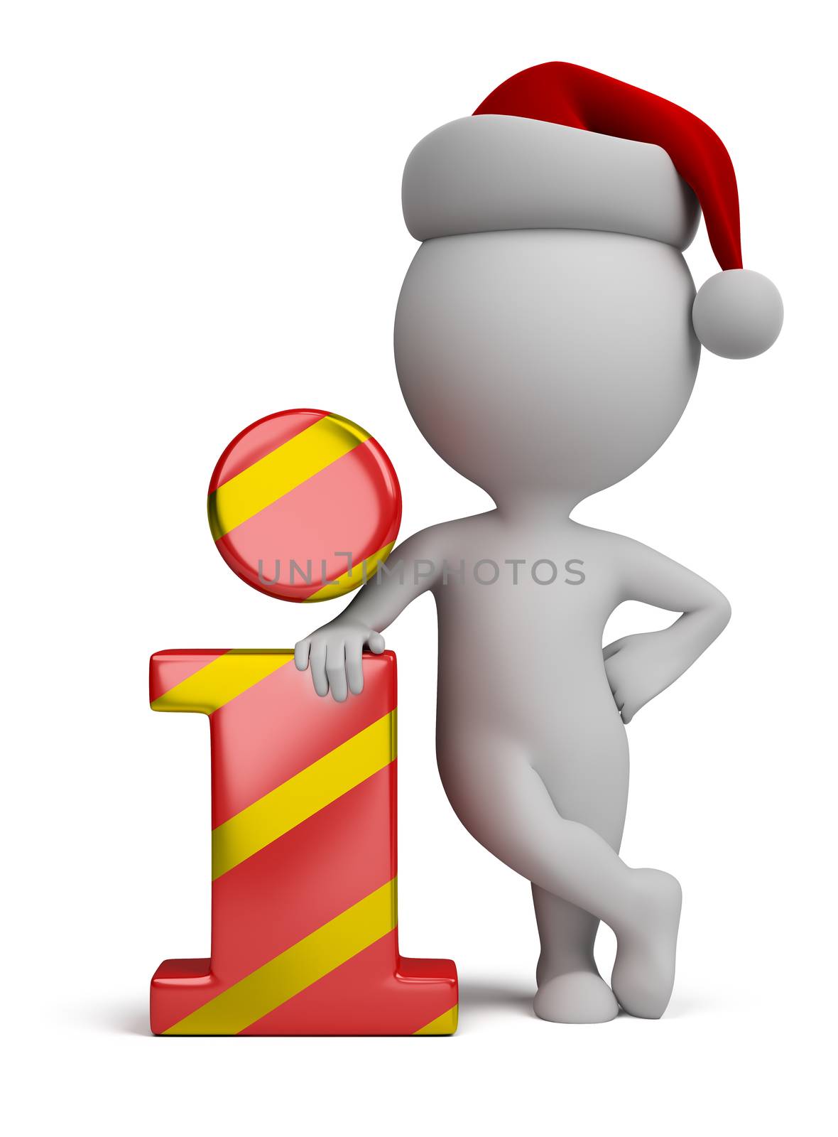 3d small person - Santa standing next to the info icon. 3d image. White background.