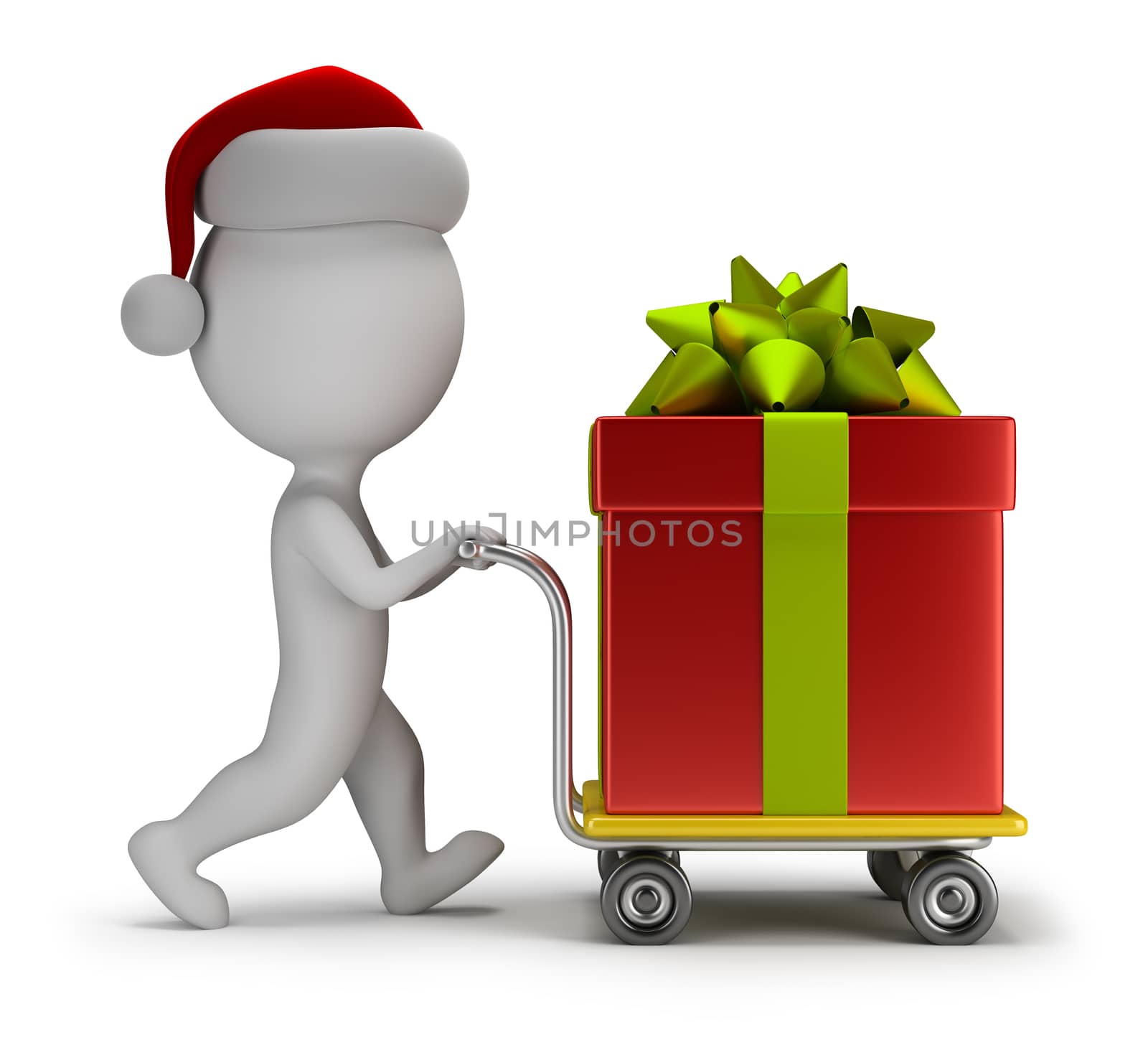 3d small person - Santa carries a big gift on trolley. 3d image. White background.