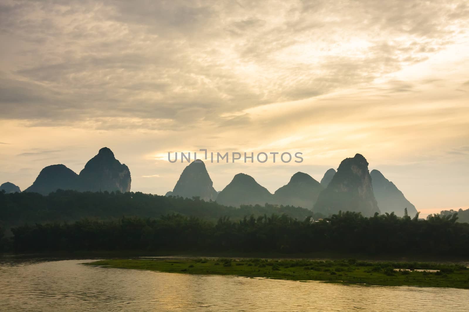 Karst mountains at li river china sunrise