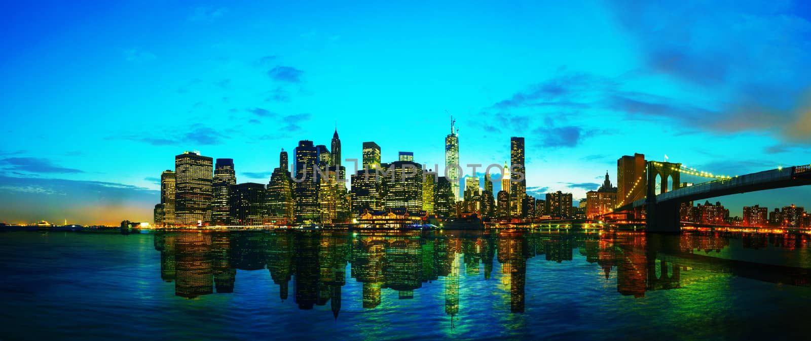 New York City panoramic cityscape in the evening at sunset