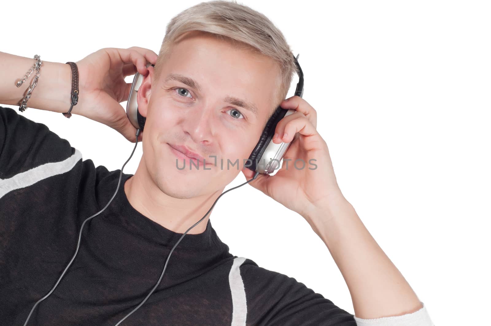 Man in headphones isolated on white