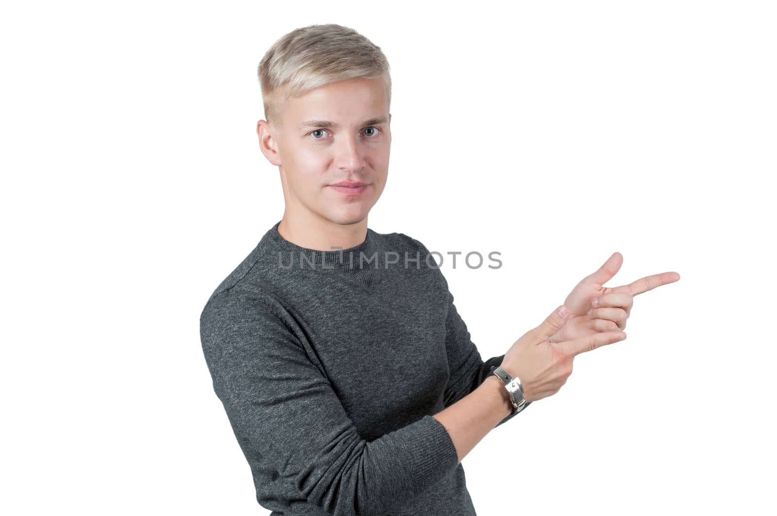 Shot of man in gray pointing with his fingers, isolated