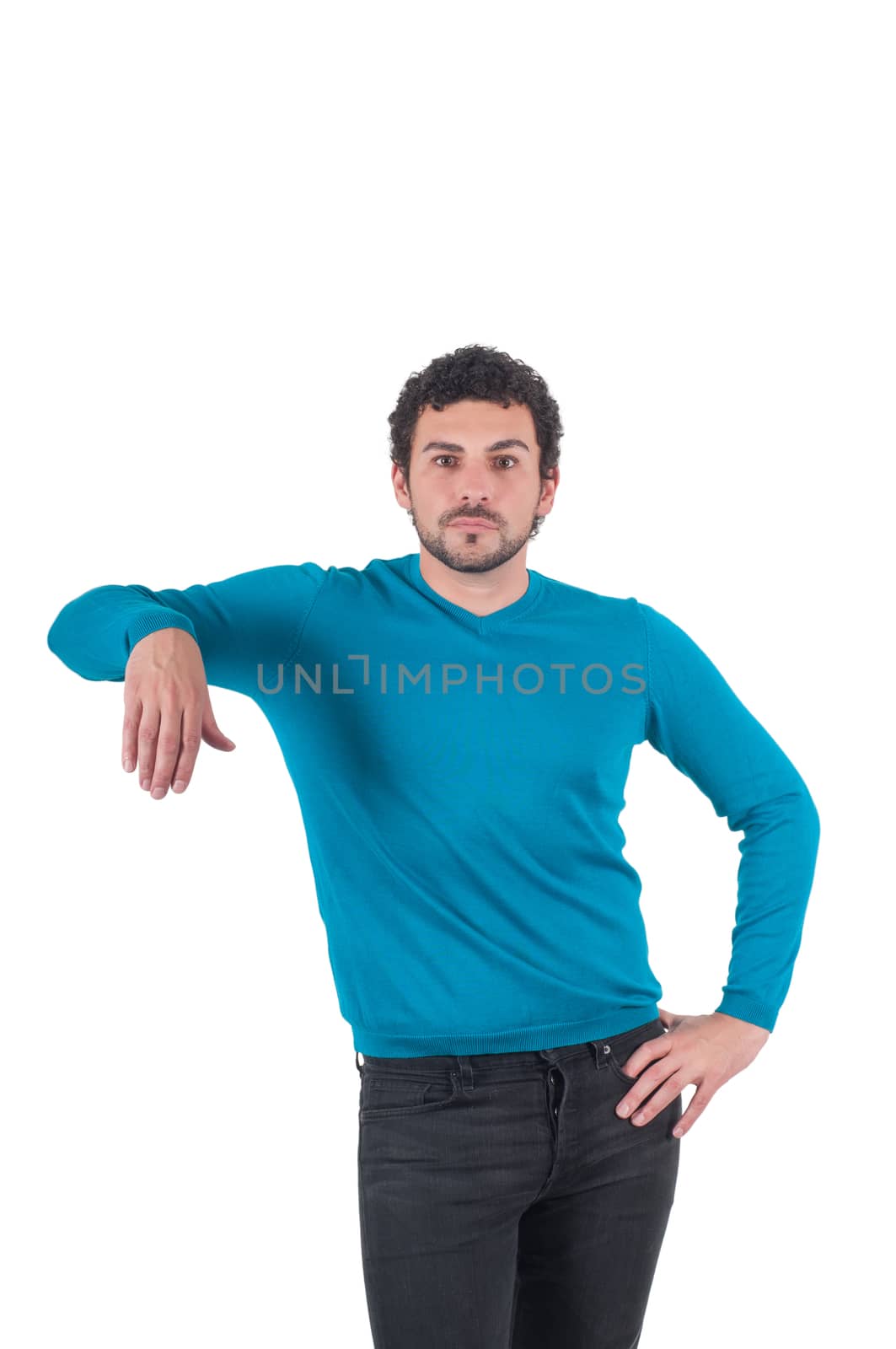 Man in blue t-shirt leaning on an invisible object