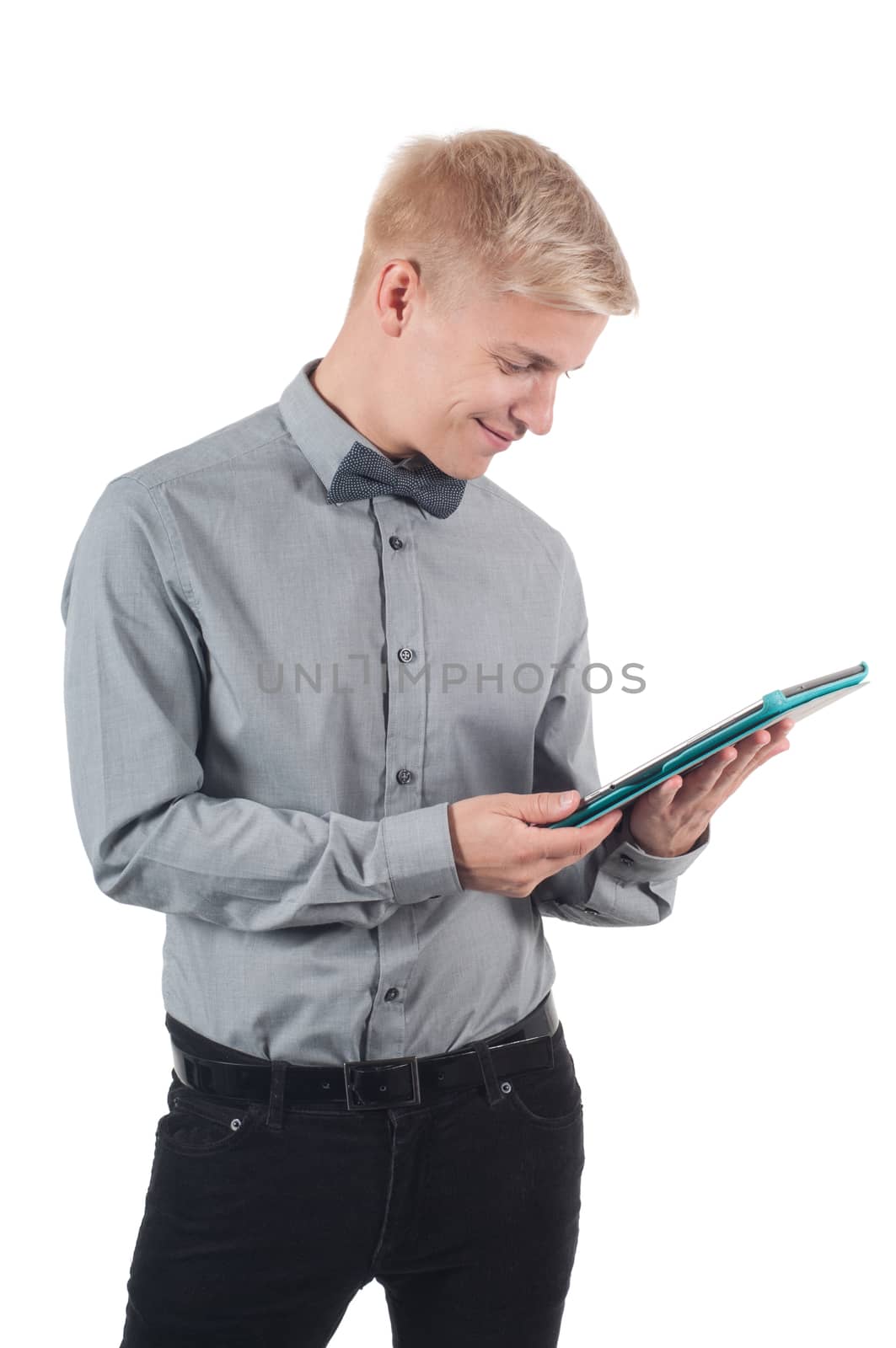 Man with tablet on his hands isolated on white