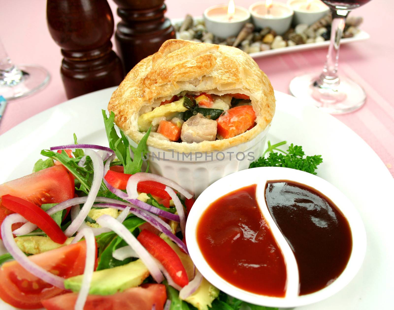 Homestyle chicken and vegetable pie with salad 