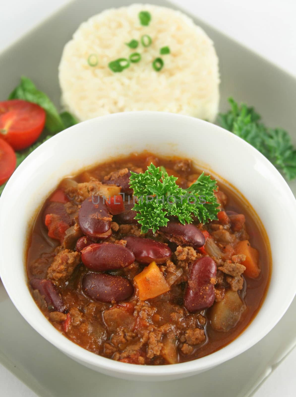 Colorful and spicy chili con carne ready to serve.