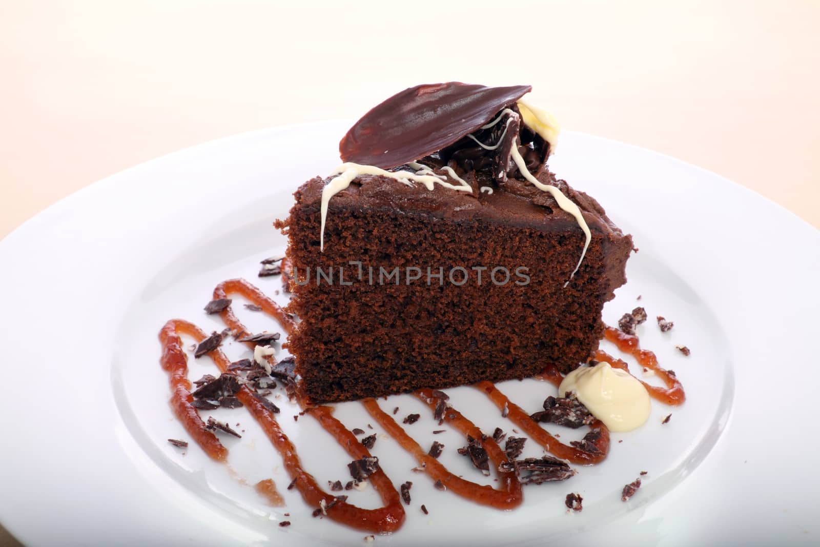 Slice of chocolate cake with choc chips and caramel sauce.