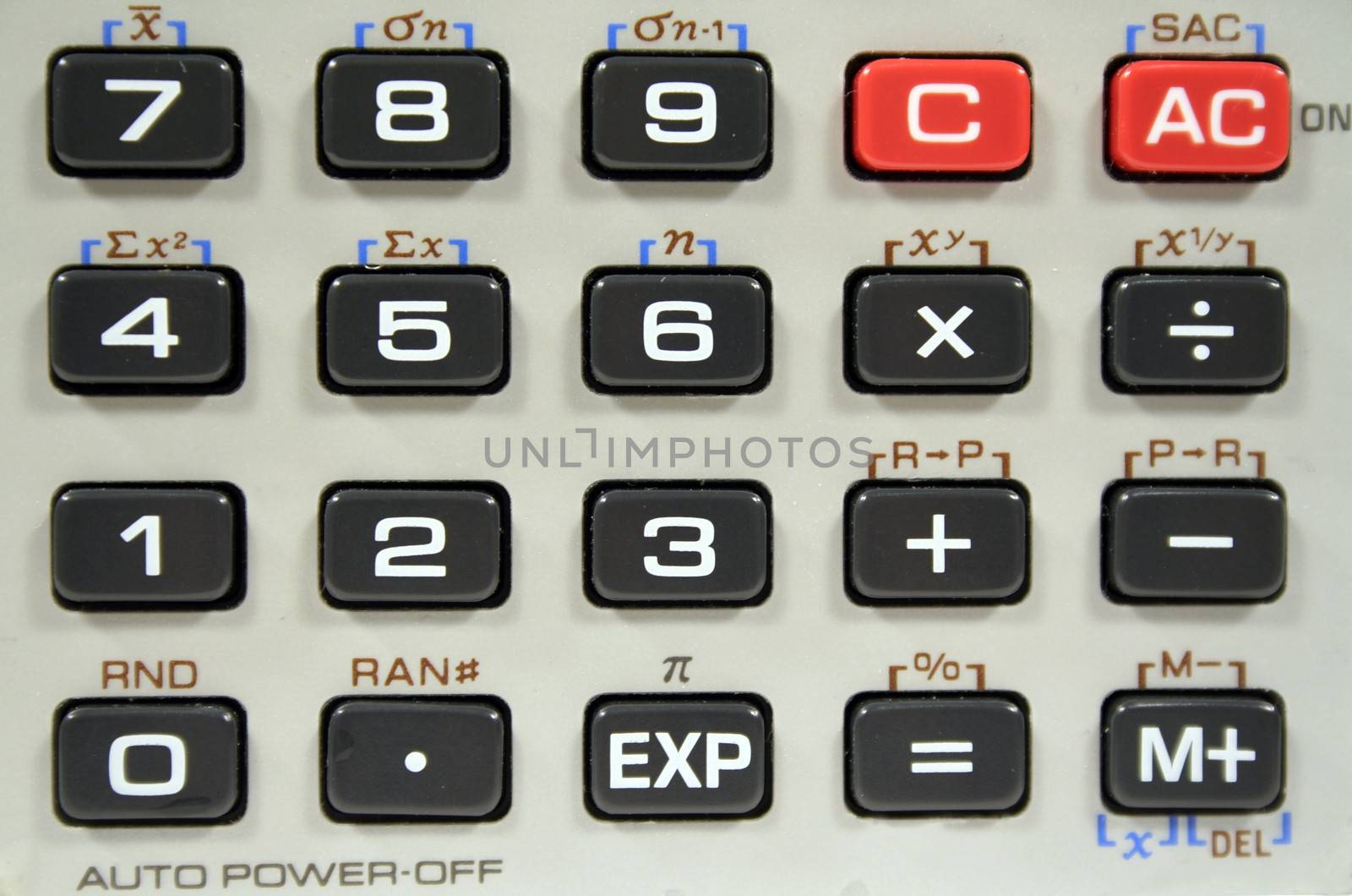 Closeup of an electronic calculator keyboard.