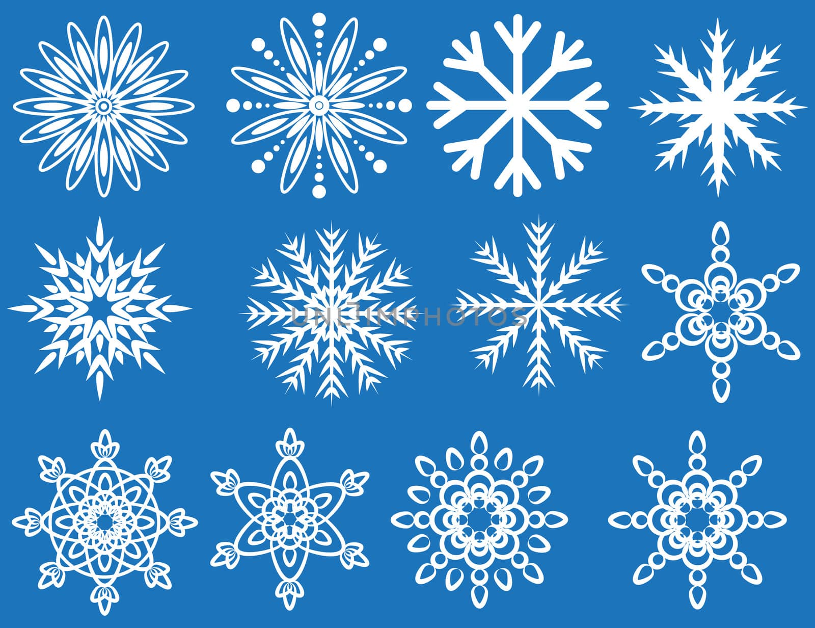 collection of decorative white snowflakes on blue background vector