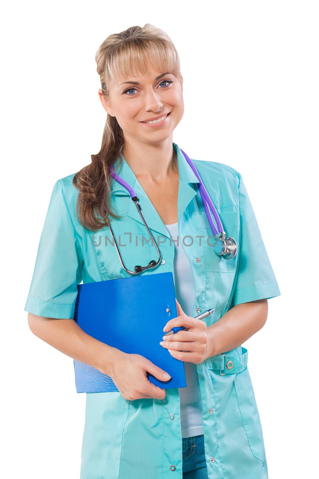 beautiful female doctor  with blue clipboard isolated on white