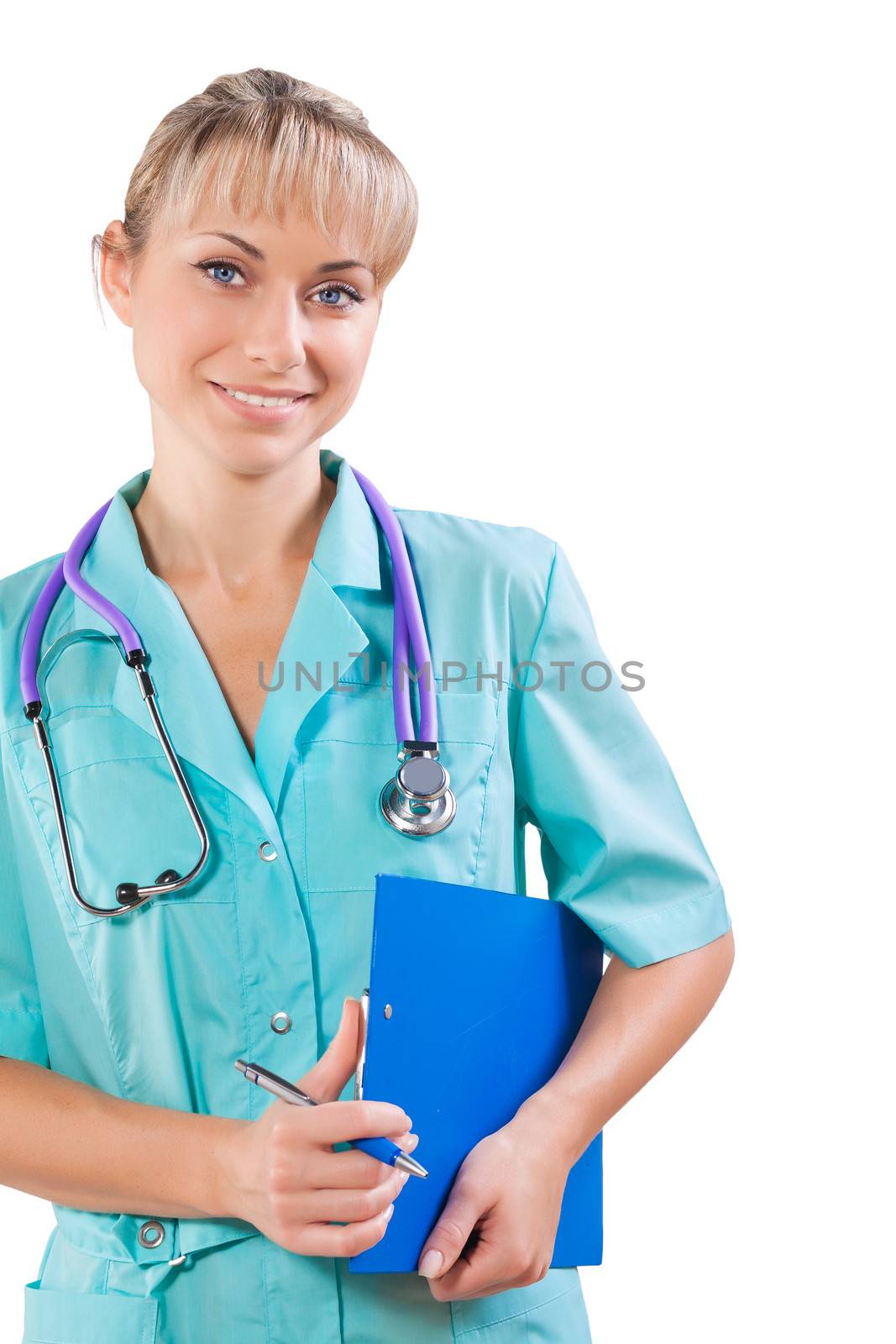 beautiful female doctor holding blue clipboard isolated by mihalec