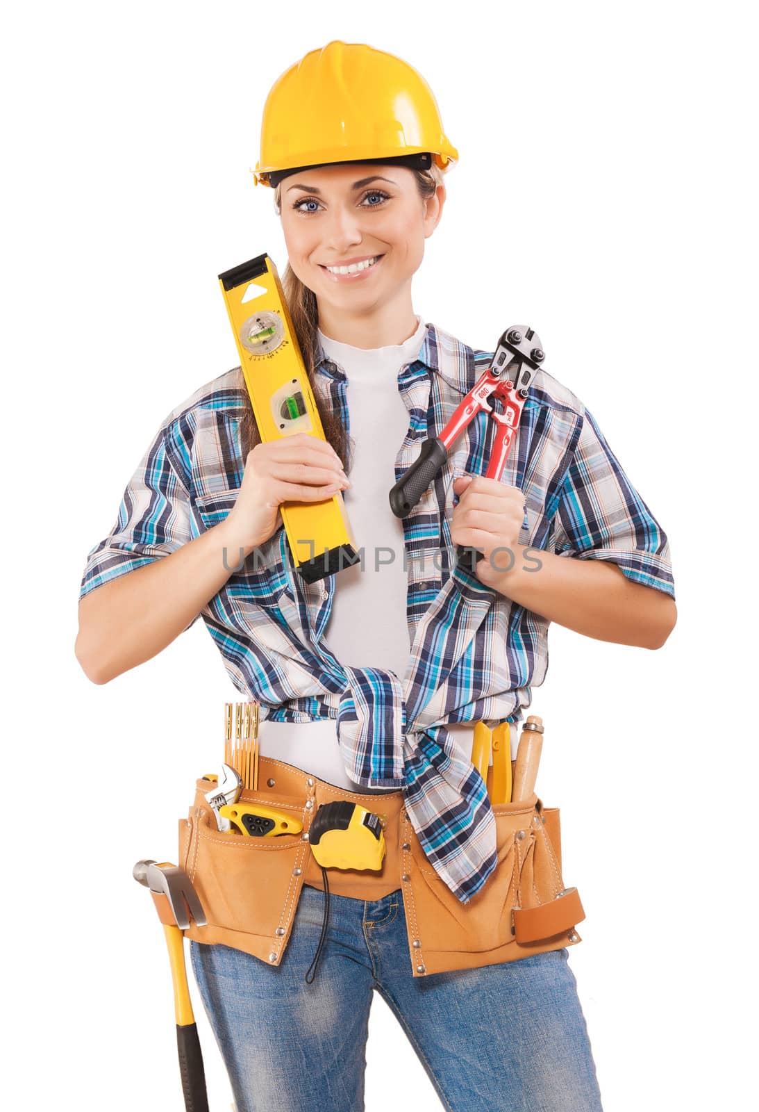 beautiful female worker holding tools