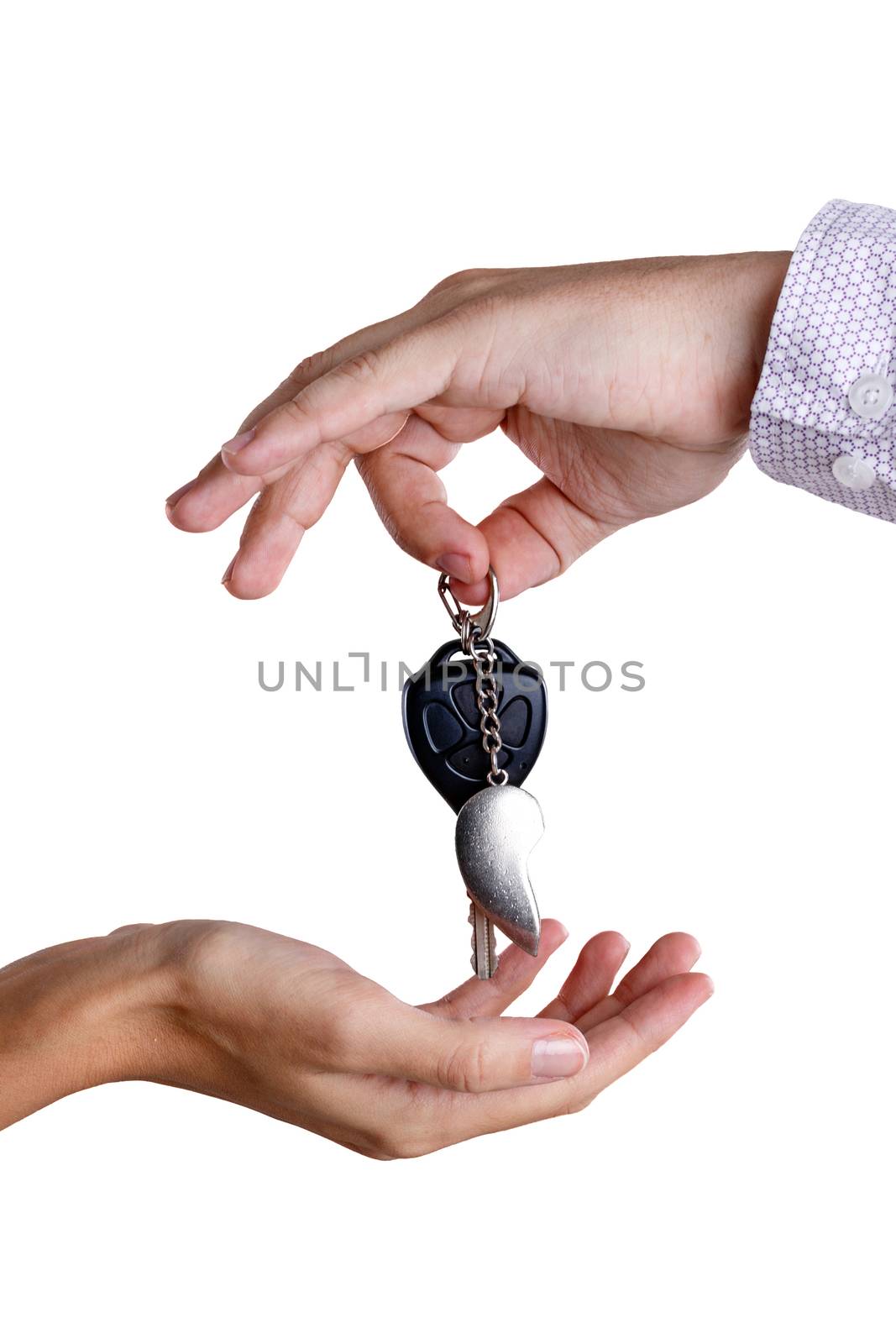 Transfer from the car ignition keys isolated on white background