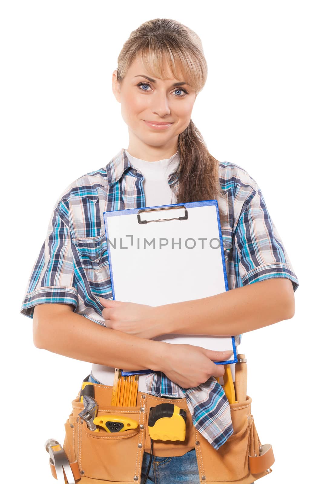 female worker holding clipboard by mihalec