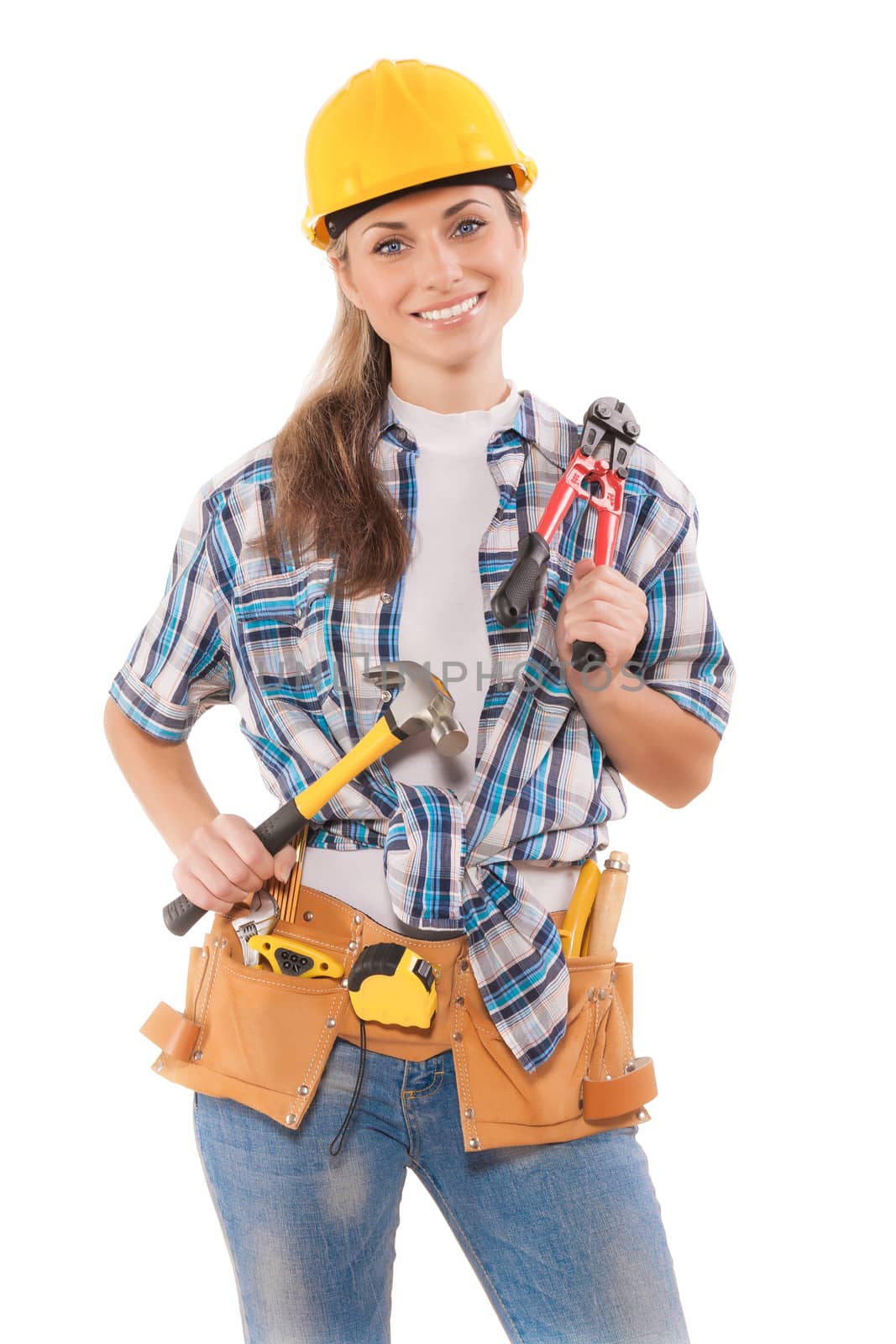 female worker holding tools isolated on white by mihalec