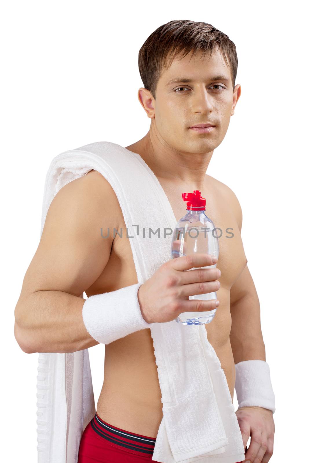 young sportsman with bottle of water isolated