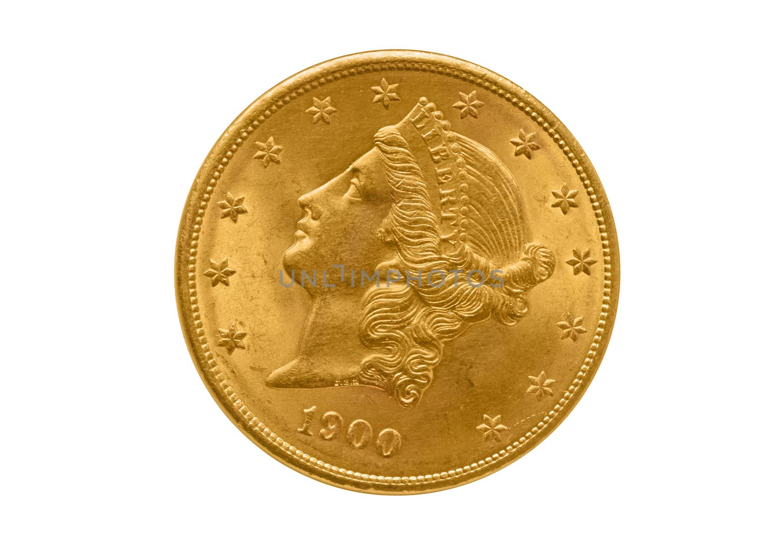 20 Liberty golden dollar coin. Isolated on white background